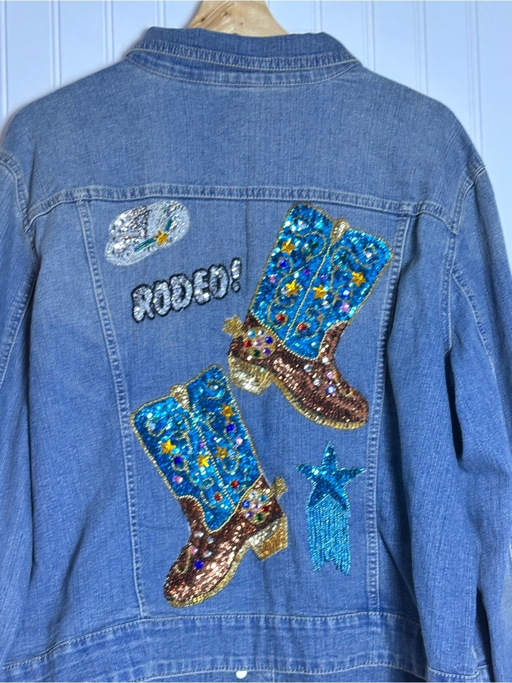 Faded Glory medium wash custom-embellished denim trucker jacket Texas Design 2XL - Picture 7 of 15